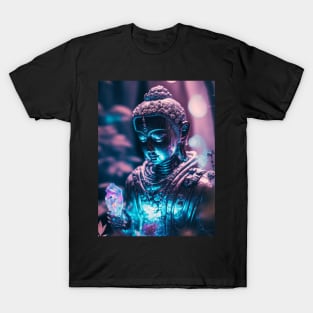 Buddah holding a crystal in a garden on a stary night T-Shirt